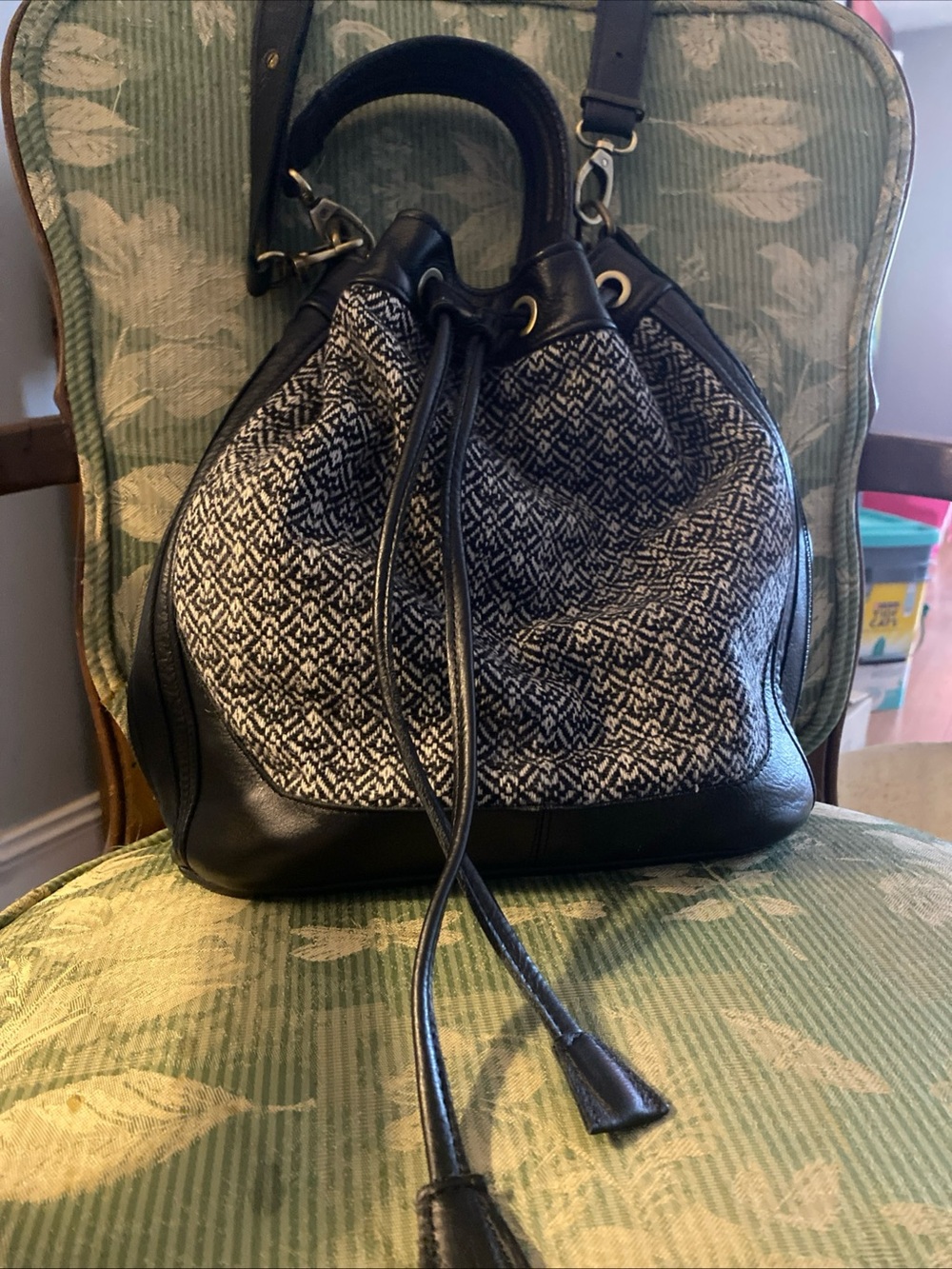 Milloo Danae Black Woven-Pattern Drawstring Bucket Bag detachable strap